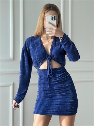 Dekolte Işıltılı Elbise 4683 Saks Mavisi