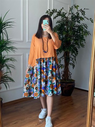 Eteği Desenli Salaş Elbise 0038 Orange